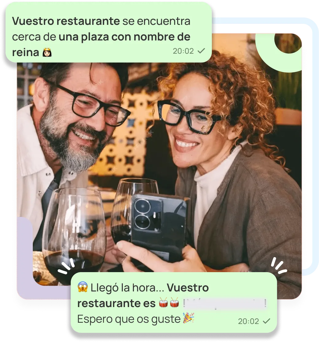 Dos personas mirando un móvil y dos pistas acerca del restaurante
